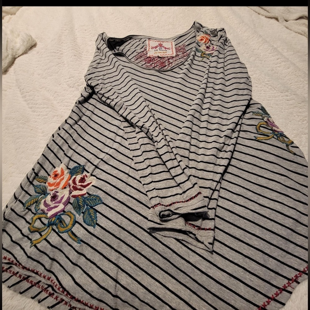 Johnny Was cute and trendy striped and floral embroidery top